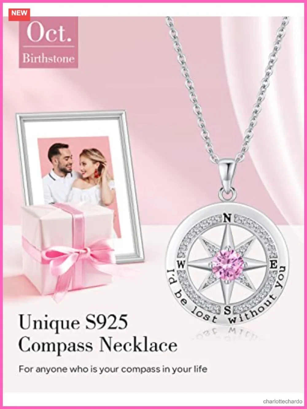 S925 Sterling Silver Compass Pendant Necklace Cubic Zirconia Anniversary Gift
